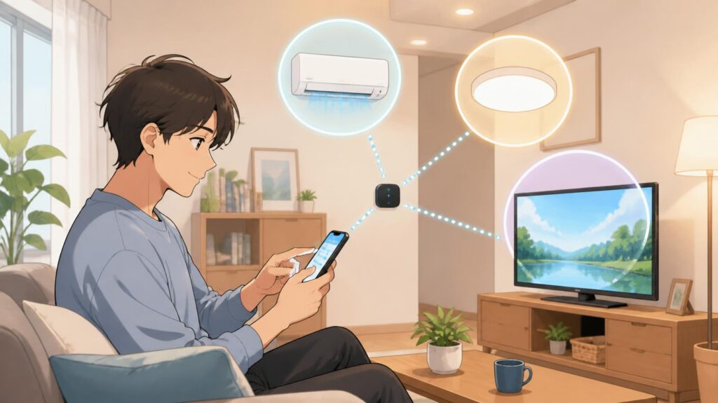 スマートリモコンでエアコン・照明・テレビをスマホ操作するイメージ